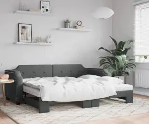 vidaXL Pat de zi cu extensie și saltele, gri închis, 90x200 cm, textil
