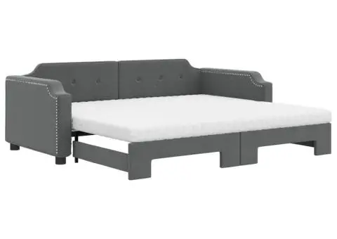 Pat de zi cu extensie și saltele, gri închis, 90x200 cm, textil - 2/5