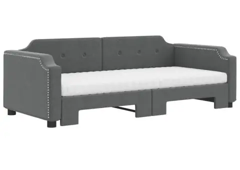 Pat de zi cu extensie și saltele, gri închis, 90x200 cm, textil - 3/5