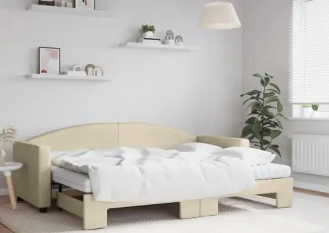 Pat de zi cu extensie și saltele, crem, 80x200 cm, textil - 1/5