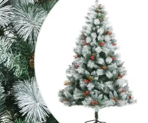 vidaXL Pom Crăciun artificial cu balamale, conuri, fructe roșii 240 cm