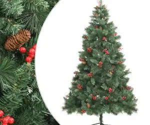 vidaXL Pom Crăciun artificial cu balamale, conuri, fructe roșii 240 cm
