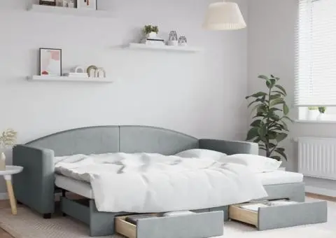 Pat de zi cu extensie și sertare, gri deschis, 90x200 cm textil - 1/5