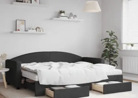 Pat de zi cu extensie și sertare, negru, 80x200 cm, textil - 1/5