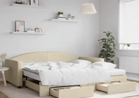 Pat de zi cu extensie și sertare, crem, 100x200 cm, textil - 1/5