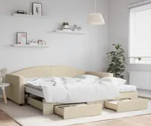 vidaXL Pat de zi cu extensie și sertare, crem, 100x200 cm, textil