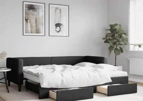 Pat de zi cu extensie și sertare, negru, 80x200 cm, textil - 1/5