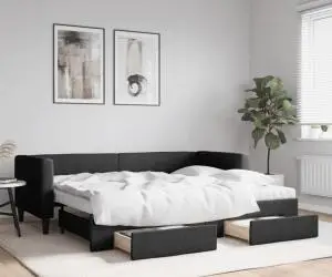 vidaXL Pat de zi cu extensie și sertare, negru, 80x200 cm, textil