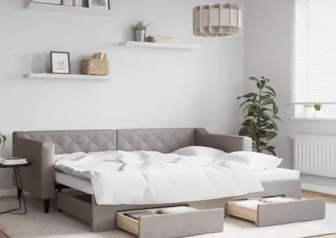 Pat de zi cu extensie și sertare, gri taupe, 90x200 cm, textil - 1/5