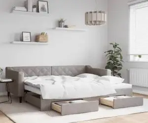 vidaXL Pat de zi cu extensie și sertare, gri taupe, 90x200 cm, textil