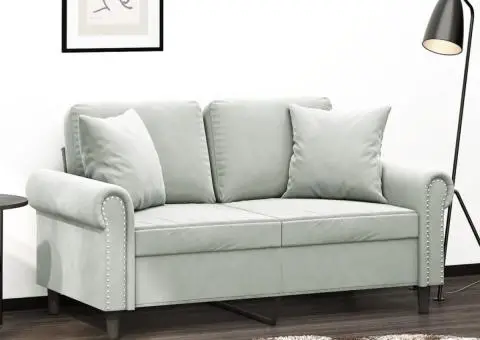 Canapea cu 2 locuri cu pernuțe, gri deschis, 120 cm, catifea - 1/5