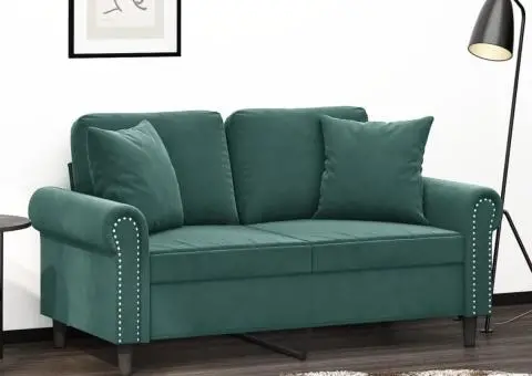 Canapea cu 2 locuri cu pernuțe, verde închis, 120 cm, catifea - 1/5
