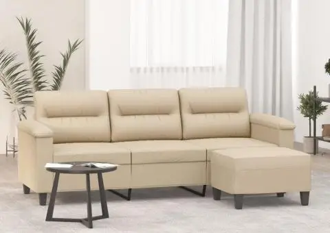 Canapea cu 3 locuri și taburet, crem, 180 cm, microfibră - 1/5