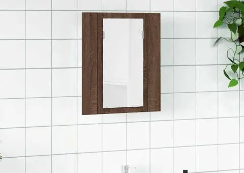 Dulap cu oglindă de baie LED, stejar maro, 40x12x45 cm, lemn - 1/5