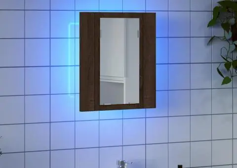 Dulap cu oglindă de baie LED, stejar maro, 40x12x45 cm, lemn - 3/5