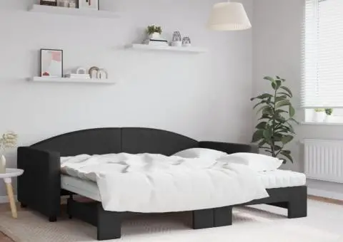 Pat de zi cu extensie și saltele, negru, 90x190 cm, textil - 1/5