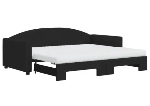 Pat de zi cu extensie și saltele, negru, 90x190 cm, textil - 2/5