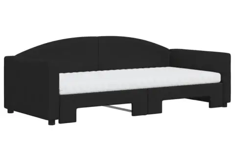 Pat de zi cu extensie și saltele, negru, 90x190 cm, textil - 3/5