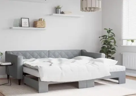 Pat de zi cu extensie și saltele, gri deschis 90x200 cm textil - 1/5