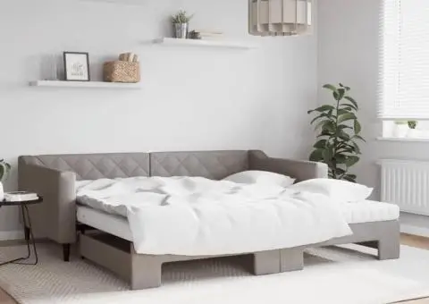 Pat de zi cu extensie și saltele, gri taupe, 100x200 cm, textil - 1/5