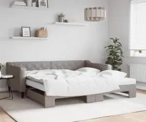 vidaXL Pat de zi cu extensie și saltele, gri taupe, 100x200 cm, textil