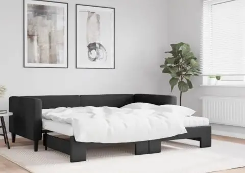 Pat de zi cu extensie și saltele, negru, 90x190 cm, textil - 1/5