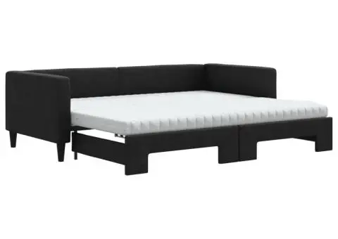 Pat de zi cu extensie și saltele, negru, 90x190 cm, textil - 2/5