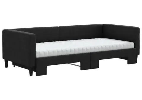 Pat de zi cu extensie și saltele, negru, 90x190 cm, textil - 3/5