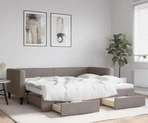 vidaXL Pat de zi cu extensie și sertare, gri taupe, 90x200 cm, textil