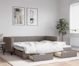 vidaXL Pat de zi cu extensie și sertare, gri taupe, 100x200 cm, textil