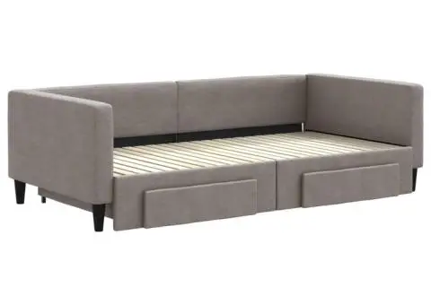 Pat de zi cu extensie și sertare, gri taupe, 100x200 cm, textil - 3/5