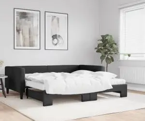 vidaXL Pat de zi cu extensie și saltele, negru, 100x200 cm, textil