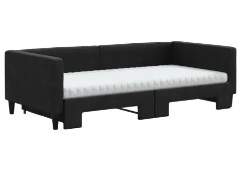 Pat de zi cu extensie și saltele, negru, 100x200 cm, textil - 3/5