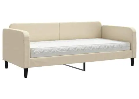 Pat de zi cu saltea, crem, 90x200 cm, textil - 2/5