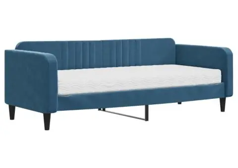 Pat de zi cu saltea, albastru, 90x200 cm, catifea - 2/5