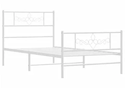 Cadru de pat metalic cu tăblie de cap/picioare, alb, 107x203 cm - 3/5