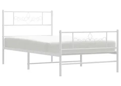 Cadru de pat metalic cu tăblie de cap/picioare, alb, 107x203 cm - 4/5