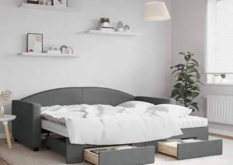 Pat de zi cu extensie și sertare, gri închis, 90x190cm, textil - 1/5