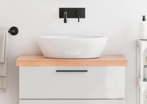 Blat de baie, maro deschis, 80x30x(2-6) cm, lemn masiv tratat - 1/5