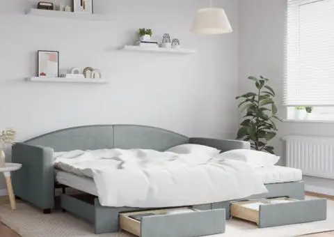 Pat de zi cu extensie și sertare, gri deschis 100x200 cm textil - 1/5