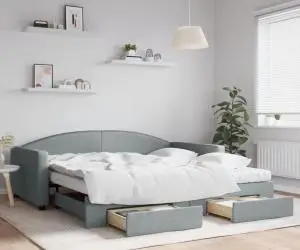 vidaXL Pat de zi cu extensie și sertare, gri deschis 100x200 cm textil