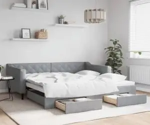 vidaXL Pat de zi cu extensie și sertare, gri deschis 100x200 cm textil
