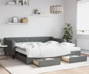 vidaXL Pat de zi cu extensie și sertare, gri închis, 100x200 cm textil