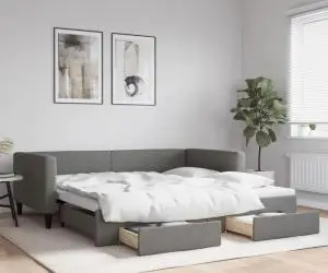 vidaXL Pat de zi cu extensie și sertare, gri închis, 100x200 cm textil