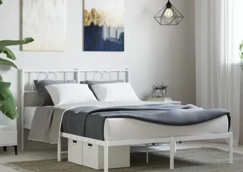 Cadru de pat metalic cu tăblie, alb, 140x190 cm - 1/5