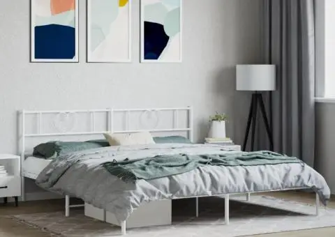 Cadru de pat metalic cu tăblie, alb, 200x200 cm - 1/5