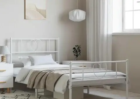 Cadru de pat metalic cu tăblie de cap/picioare, alb, 100x200 cm - 1/5