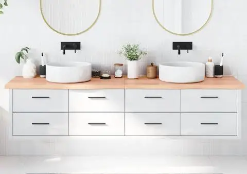 Blat de baie, maro deschis, 220x50x(2-4) cm, lemn masiv tratat - 1/5