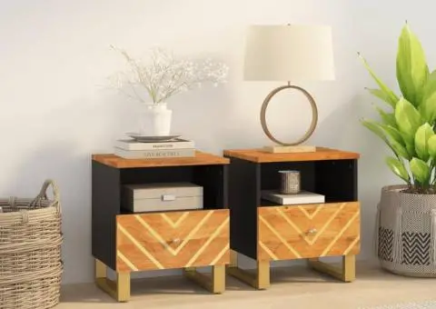 Noptiere, 2 buc., maro și negru, lemn masiv de mango - 1/5