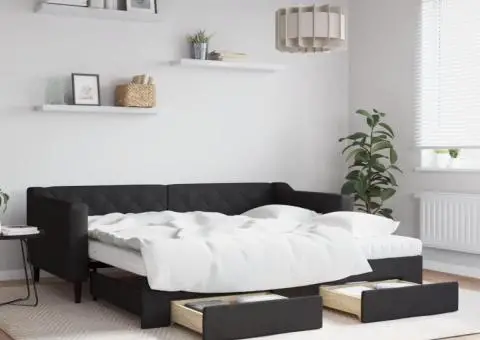 Pat de zi cu extensie și sertare, negru, 90x190cm, textil - 1/5